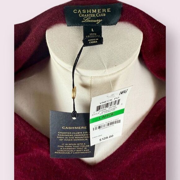 CHARTER CLUB Red 100% Cashmere V-neck Sweater | NWT | Large - Picture 4 of 7